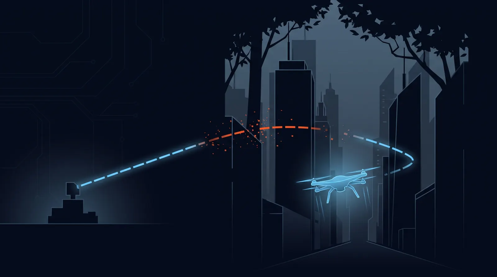 A drone flying through an urban canyon and under tree canopy where the real-time link to the base station drops out, illustrating the poor-signal conditions where PPK's after-the-fact processing is more reliable