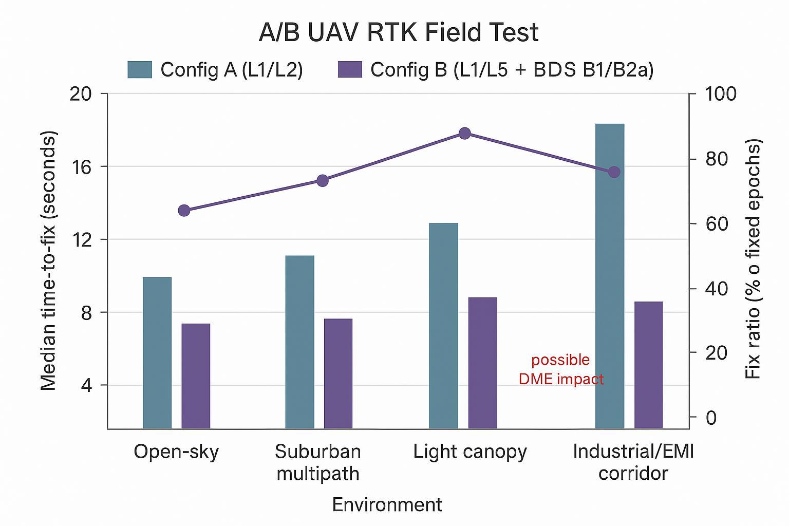A/B field test chart of UAV RTK comparing L1/L2 vs L1/L5 across environments showing convergence and fix ratio differences