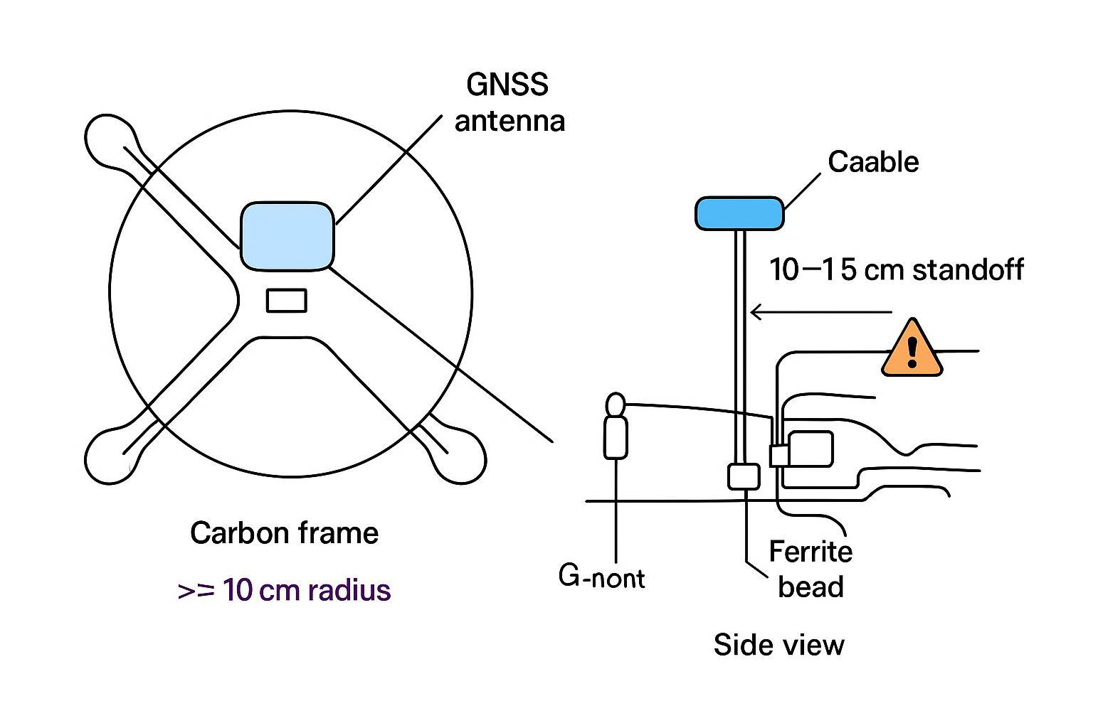 Diagram showing optimal UAV GNSS antenna placement, ground plane size, standoff from carbon, and RF cable routing away from EMI sources