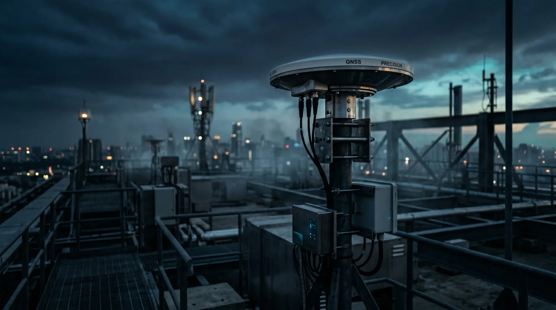 GNSS antenna mounted on industrial site at dusk with city skyline in background
