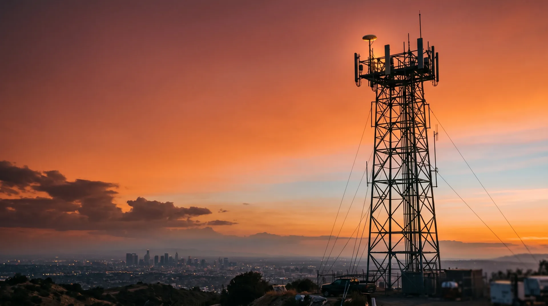 Telecom cell tower with GNSS timing antenna at golden hour